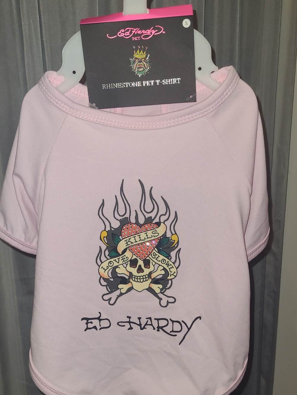 Ed Hardy Light Pink Pet Tee with Skull & Heart Rhinestone Motif